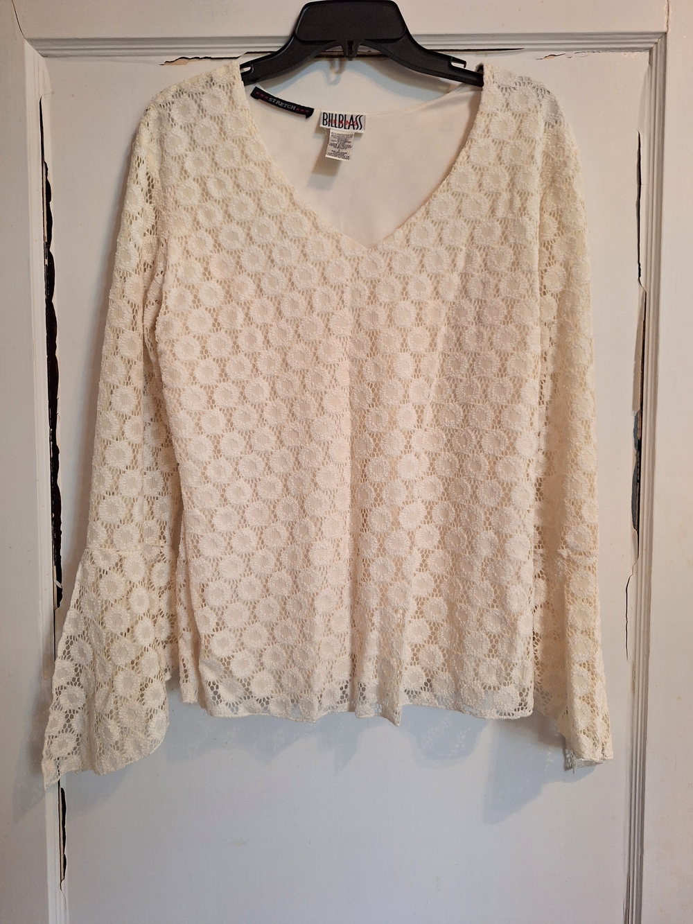 Vintage Bill Blass Ivory Stretch Lace Top /Slit Bell Sleeve/Fully Lined NWT